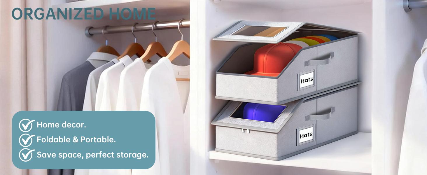 Stackable Baseball Cap Storage Box, Holds Up to 24 Hats, Durable Foldable Cardboard Hat Organizer, Dustproof Large Capacity Cap Storage Bin, Closet Organizer for Men Women, Space Saving Home Bedroom Wardrobe Storage