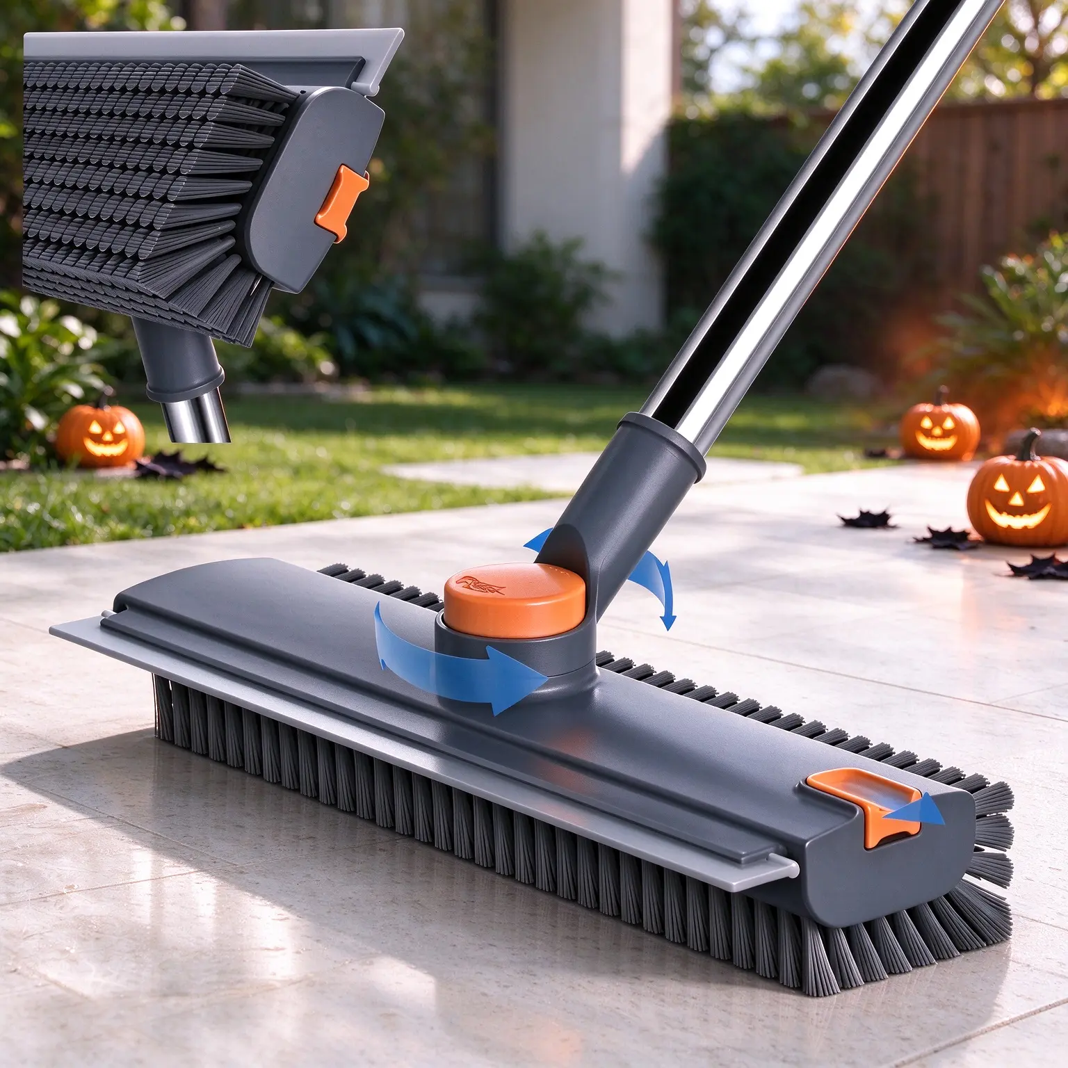 3-in-1 Heavy-Duty Floor Scrub Brush, Stiff Bristle & Silicone Squeegee, 16"-52" Adjustable Stainless Steel Handle, 360° Rotatable Bendable ABS Brush Head, Built-In Hanging Hole, Great for Halloween Prep, Tile, Glass, Bathroom & Patio Cleaning