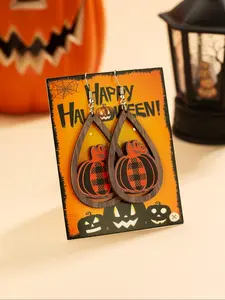 Halloween Themed Hollow Out Wooden Drop Earrings & Card, Cute Pumpkin Pattern Water Drop Shaped Dangle Earrings, Fashion Jewelry Accessories for Women & Girls
