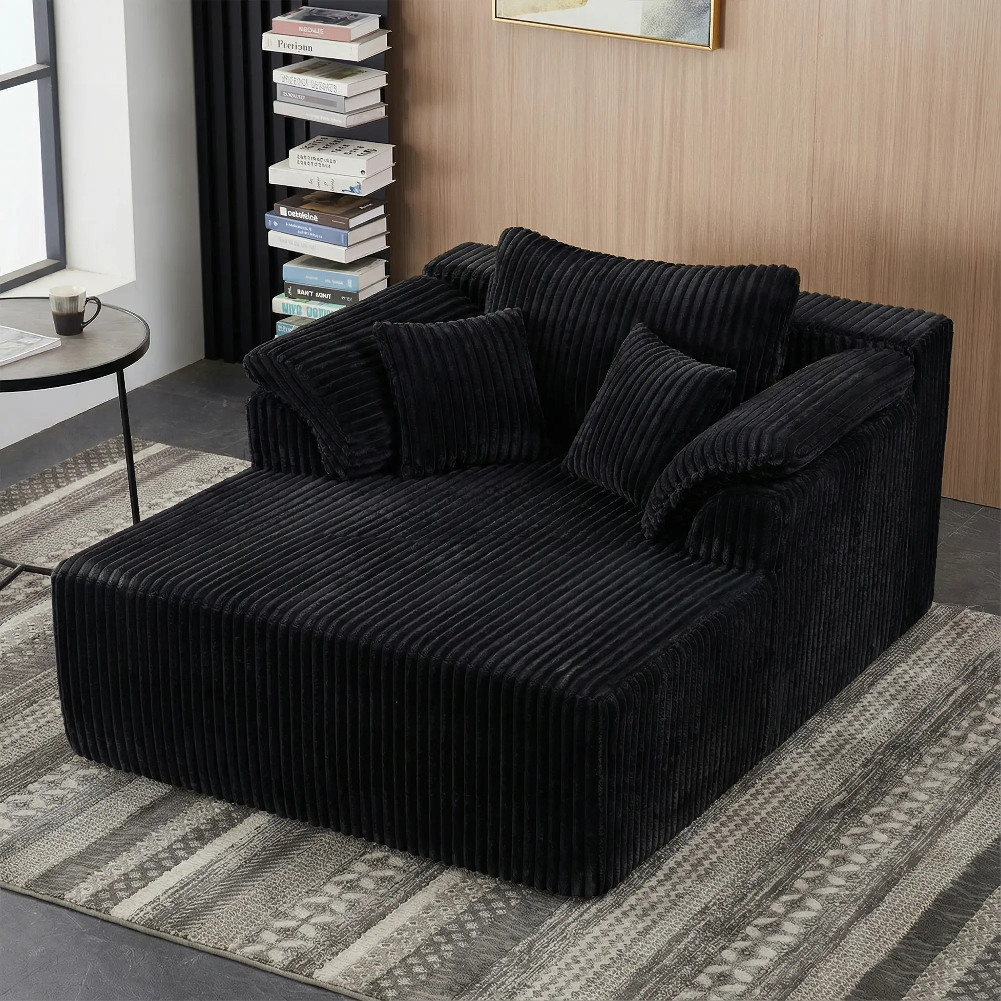 Oversized Chaise Lounge Chair Indoor, Deep Seat Corduroy Upholstered Sleeper Couch, Boneless Cloud Sofa Bed for Living Room Bedroom, No Assembly Required (Black)