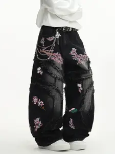 Vintage Retro Design Jeans, Loose-Fit Embroidered Flower Patchwork, Street Style Long Pants for Men, No Belt Included