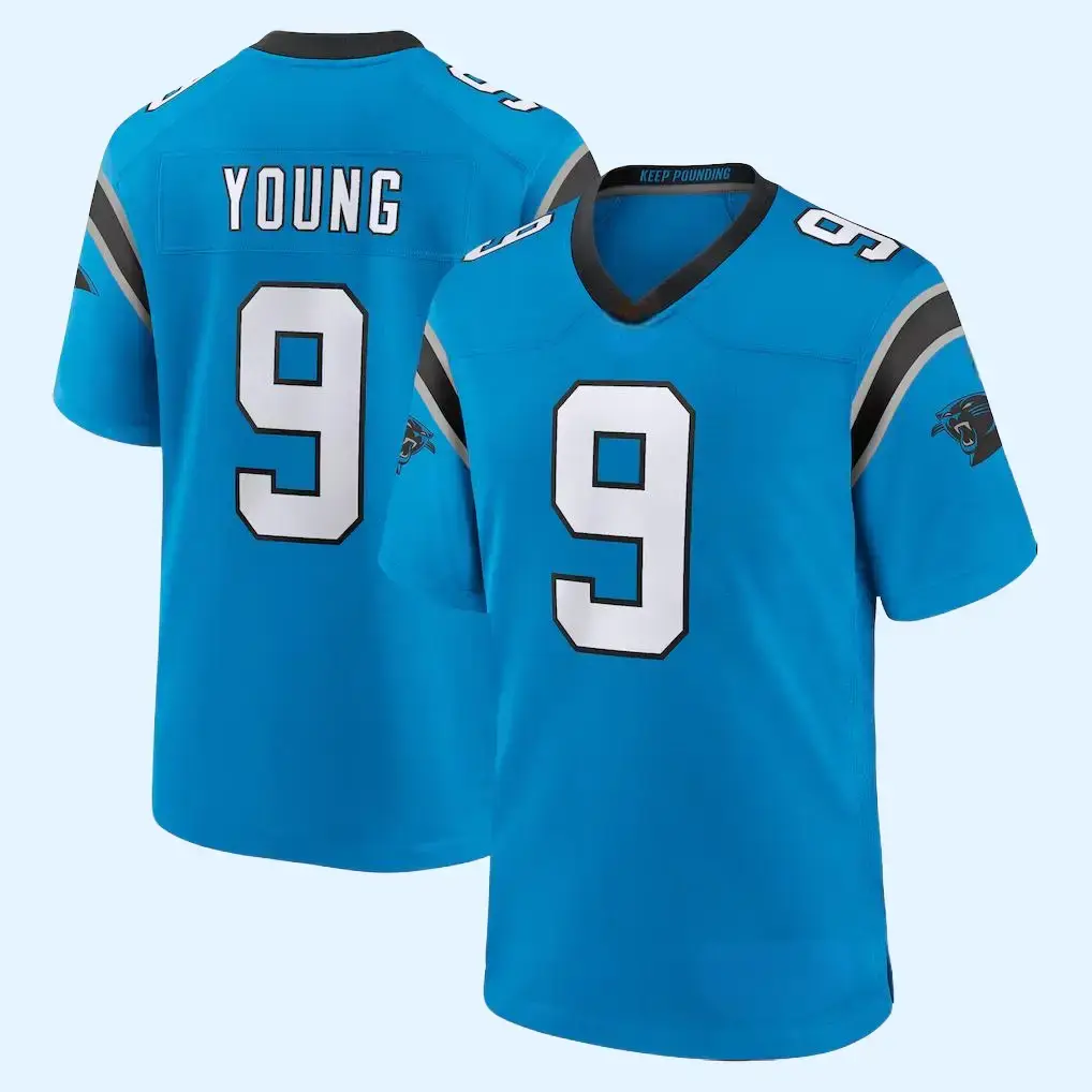[Full Logo Print] Men's CPanthers Number 9 Football Jersey, Football Uniform, Breathable V Neck Short Sleeve T-Shirt, Athletic Tops, Unisex, All Seasons