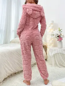 Winter Heart Bunny Ears Casual Wearable Clip-On Sleepwear Jumpsuit, Cozy Pajamas for Women, Comfortable All-In-One
