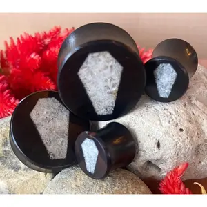 PAIR of Unique Crystal Quartz Coffin Inlay Black Wood Saddle Plugs/Tunnels - Gauges 0g (8mm) thru 1" (25mm)