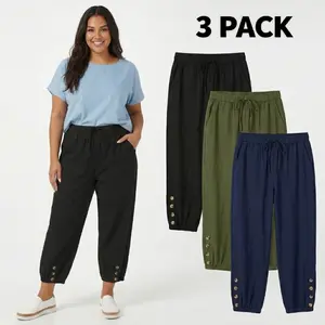 Women's Casual Drawstring Waist Pants 3 Pack Lightweight Quick-Dry Loose Fit with Pockets Premium Fabric Bottoms Basic Womenswear Olive Green Black Navy Blue Trouser Minimalist Design