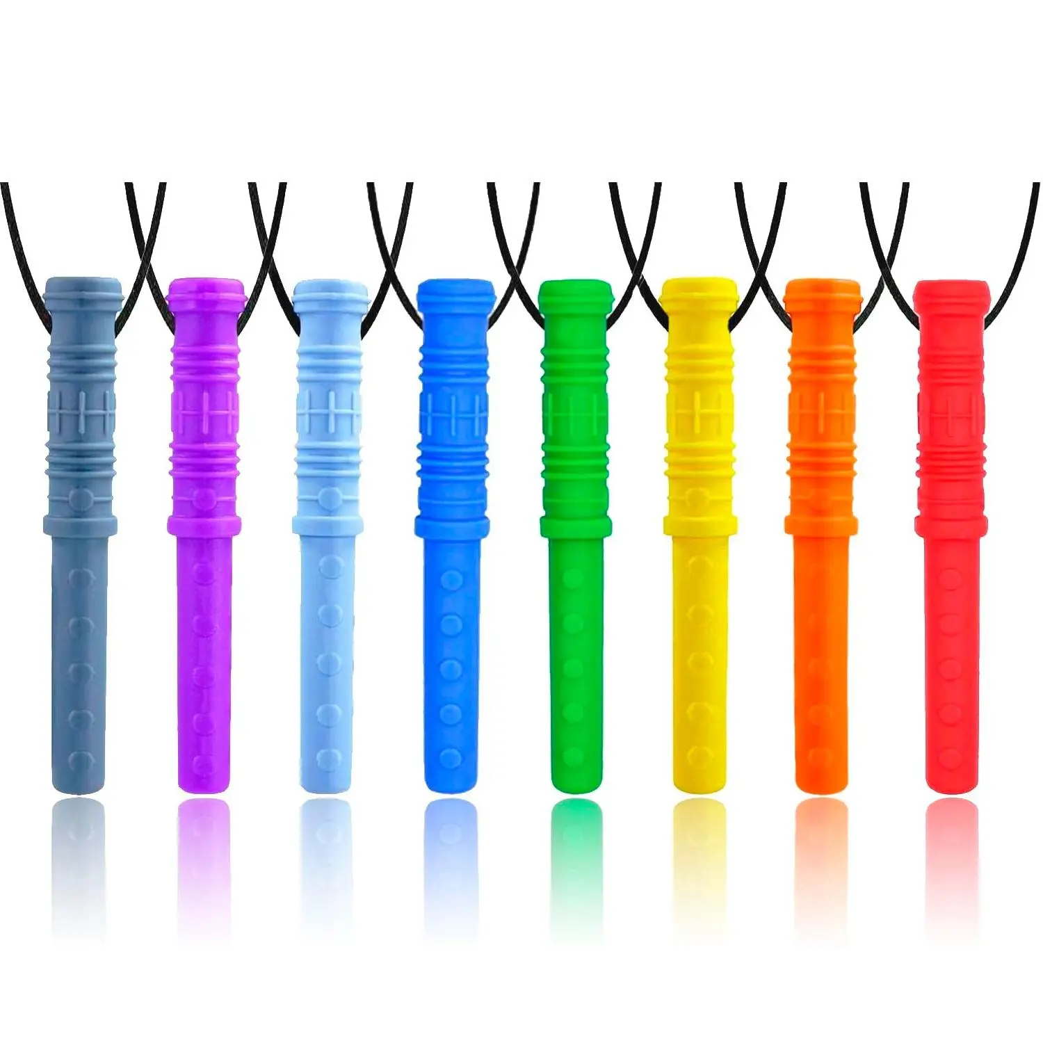 BY-A12 Food Grade Silicone Sensory Chew Necklace 8-Pack Cylinder Style - 2.75 Inches Tactile Feedback, Chewing Resistance, Easy to Clean, Long-Lasting for Autistic ADHD Oral Motor Users (Rainbow Color)