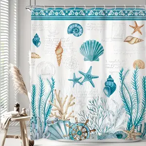 Teal Vintage Beach Shower Curtain 1pc Rustic Ocean Theme Nautical Coastal Retro Blue Starfish Seashell Modern High Quality with 7 Hook