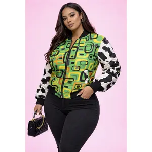 Retro Queen Baddie Jacket-Cow Print Geometric Bomber