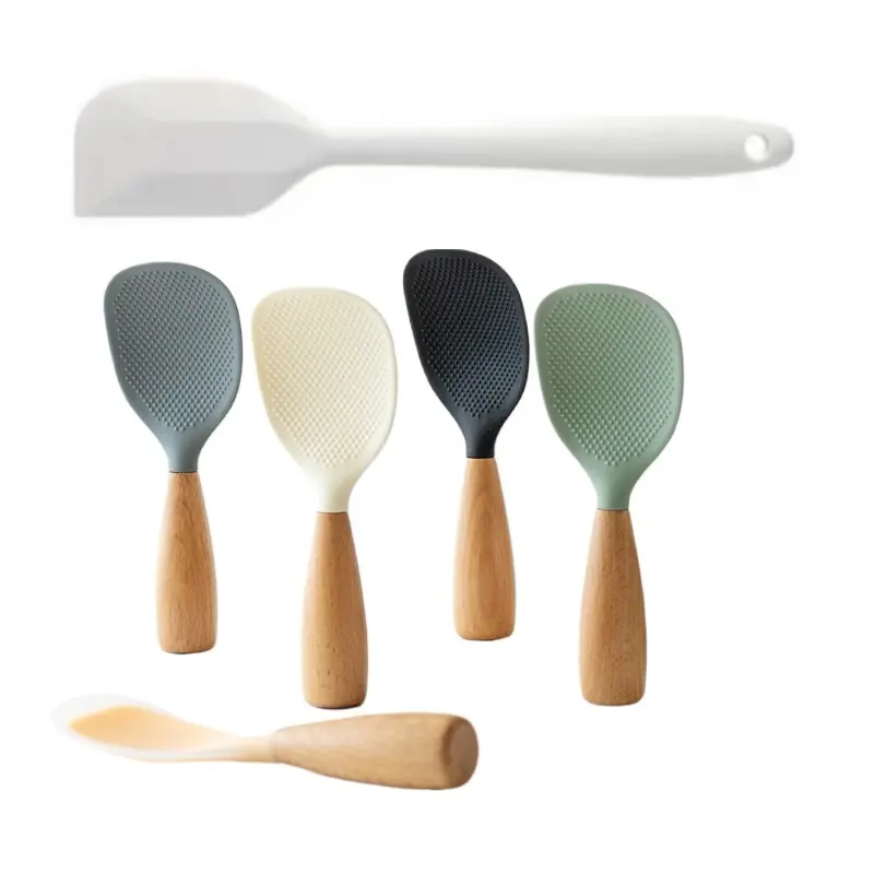 2-Piece Silicone Rice Paddle Set with Wooden Handle, Durable Heat-Resistant Kitchen Tools, Kitchen Utensils, Easy Clean Design for Non-Stick Skillets, Silicone Spatula Set, Kitchen Utensils Gadgets