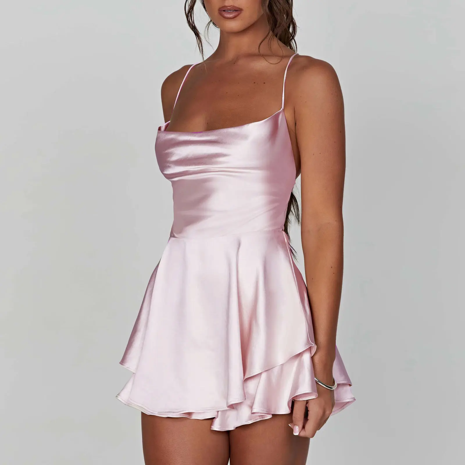 short flowy spaghetti strap dress Shop A-Line V-Neck Back Lace-Up Sleeveless Short Homecoming Dress main image 0