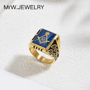 New Retro Stainless Steel Gold Plated Blue Paint Masonic AG Men's Ring Hypoallergenic Non-fading High-end Vintage Style
