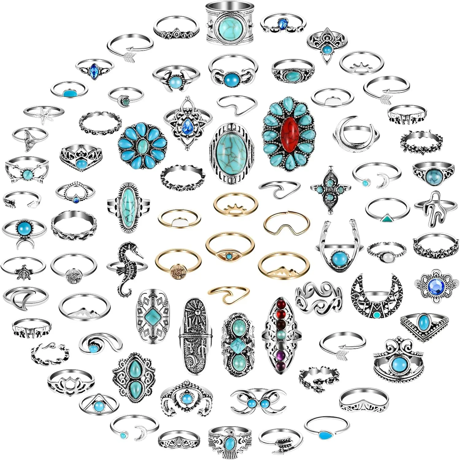 78 Count Vintage Turquoise Rings Set Women Western Rings Bohemian Silver Oval Rings Boho Joint Knuckle Rings Midi Stacking Rings for Women