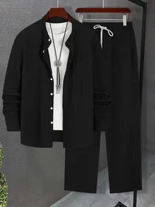 Men's Black Stylish Shirt Jacket + Casual Pants Set: High-Quality Light Luxury Modern Casual Style, Trendy Men's Outfit Suitable for Dates, Smart Casual, Outdoor Gatherings – Stand-Collar Shirt