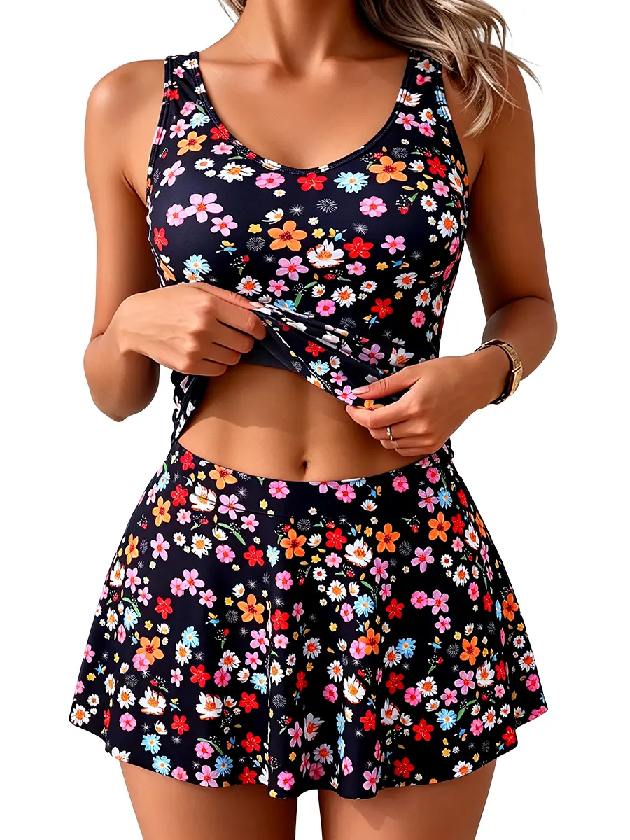 B2PRITY Tankini Swimsuits for Women, 2 Piece V Neck Skirted Bathing Suit with High Waist Shorts for Tummy Control, Women's Swimsuits, Female, Stretch Fabric, Soft, Pro-Skin Swim Fabric, Slimming Fit, Skirted Feels Modest, Poolside Wear, Beach Swim, Multi-