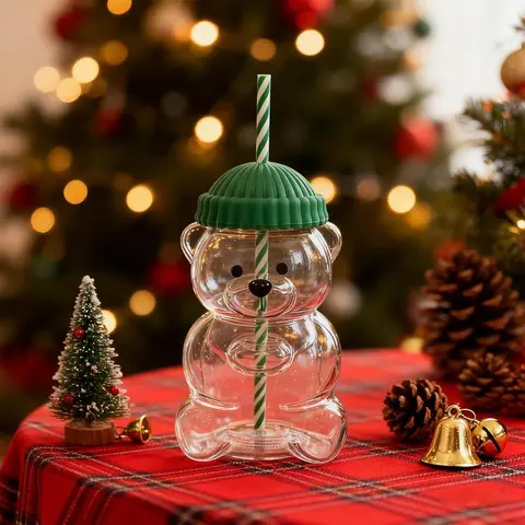 2026 Holiday Collection Viral Bearista 20oz Transparent Wide Mouth BPA-Free Cartoon Shaped Reusable Glass Tumbler Cup - 1pc High-Quality Teddy Bear Drinkware with Green Beanie Lid, Striped Straw, Washable Gift for Coffee Lovers
