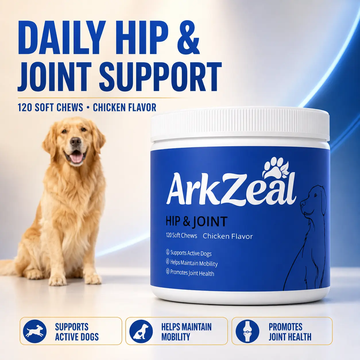 ArkZeal Hip & Joint Supplement for Dogs 120 Soft Chews Chicken Flavor Support Mobility & Joint Health for Active Dogs