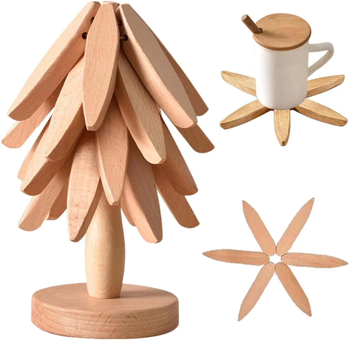 Wooden Trivets Tree for Hot Dishes, Wooden Tree-Shaped Coasters Set, Wood Coaster for Hot Pots and Pans, Bowls Teapots Drinks Plates, 8 Inch Decorative Wooden Hot Pads, 4PCS Beige/Brown, Gifts Women Mom