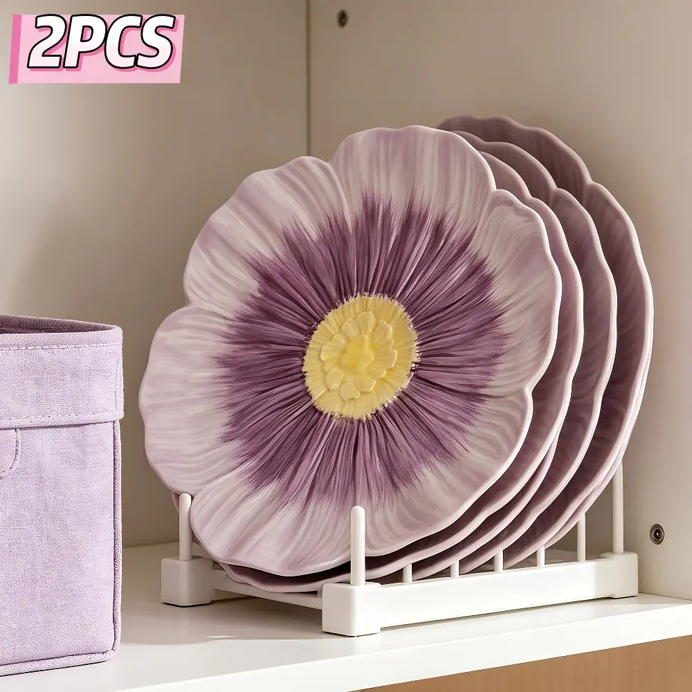 2pcs Set, New Purple Flower Bud Ceramic Tableware, Steak Plate Pasta Plate, Suitable for Restaurant and Home Use, Novel Floral Pattern Plate, Fruit Salad Bowl, Exquisite  Tableware, Fine Kitchen Tableware, Gift, Decorative Plates. [3 Sizes Available]