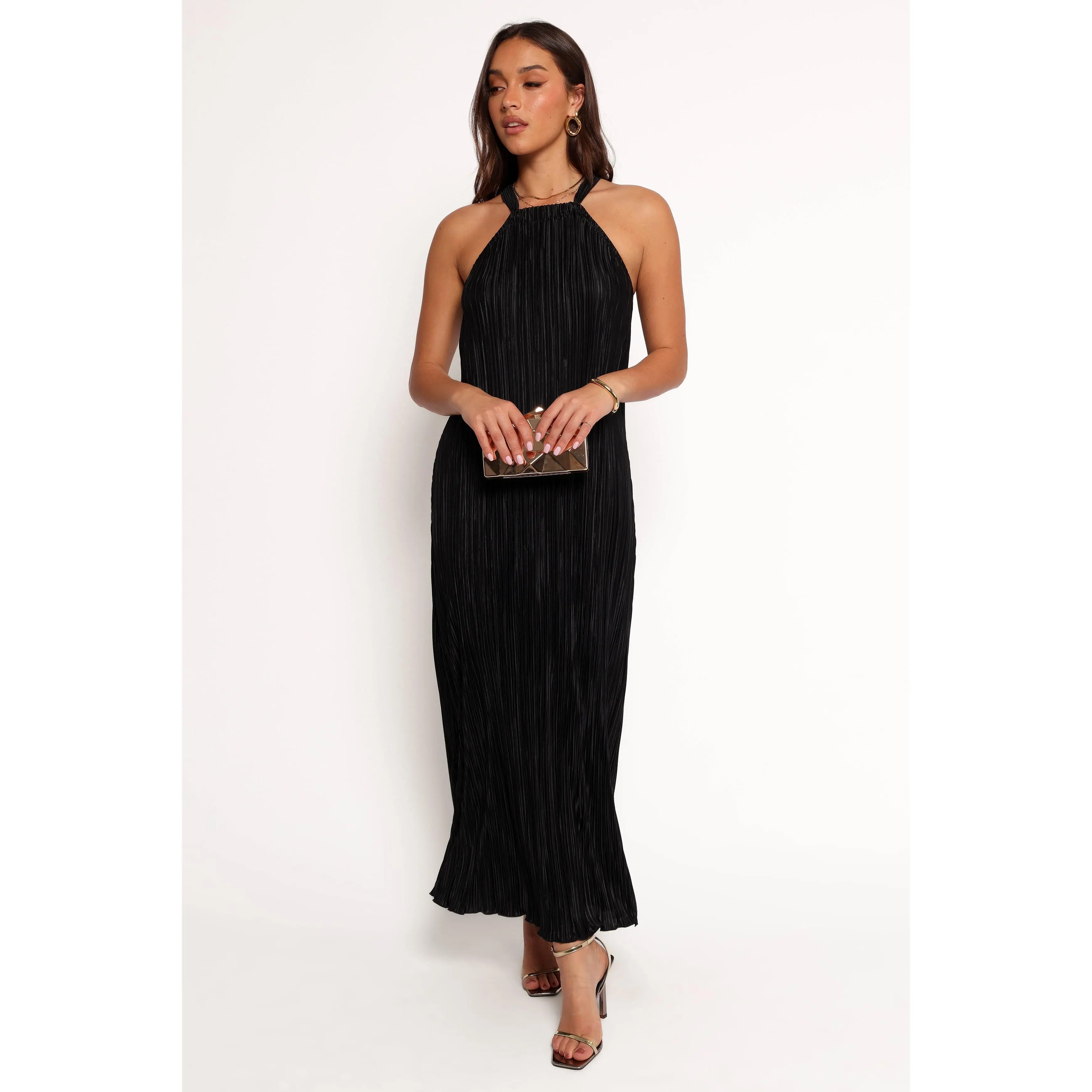 Women's Casual Melody Plisse Halter Maxi Dress - Black