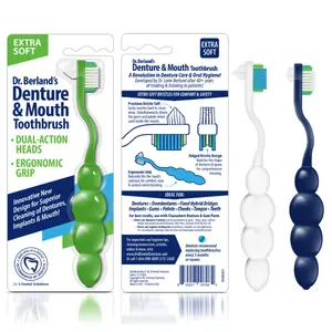 Dr. Berland's Extra Soft Denture & Mouth Toothbrush - Dual Action Heads for Hard-to-Reach Spaces - Ergonomic Grip for Comfort - Blue - Oral