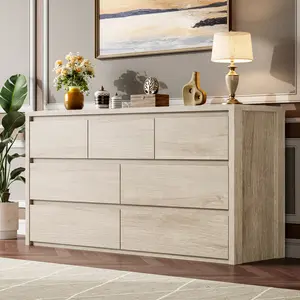 OP-Garvee 7 Drawer Dresser for Bedroom, Wide Modern Chest of Drawers, Large Wood Dresser Wooden Storage,sturdy cabinet,Anti-tipping design,Space saving for living room,bedroom,entryway Mid Century Fluted Night Stand Set Handle 8-Drawer secret compartment