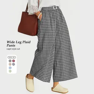 【SS26 Collection】 Womens Gingham Wide Leg Linen Capri Pants Summer Comfy Elastic Waist Boho Palazzo Pants with Pockets Casual Loose Beach Plaid Culottes