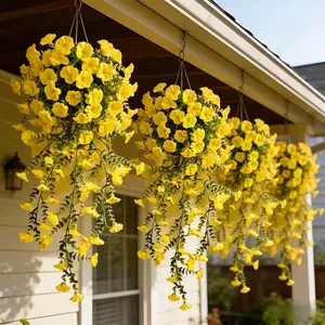 4pcs Large Spring Yellow Trumpet Flower Simulated Morning Glory Decor, Artificial Hanging Plants | Vibrant Flowers and Eucalyptus Leaves for Decoration | No Electricity Required | Maintenance-Free Artificial Flowers | Ideal for Home | Yard | Patio |