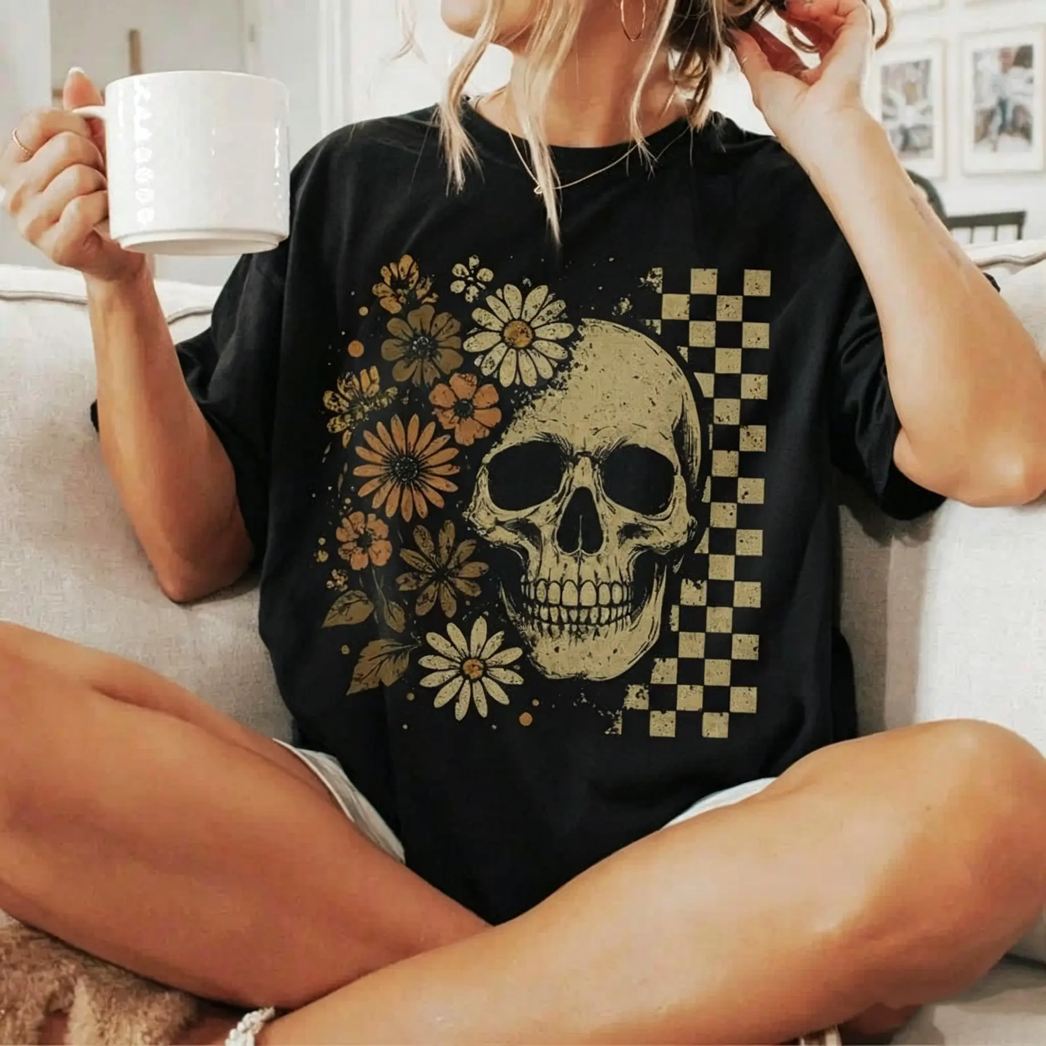 Boho Skull Graphic Tee, Vintage Tshirt, Retro Boho Summerween T-Shirt, Cute Spooky Halloween Tee, Spooky Summer T-Shirt