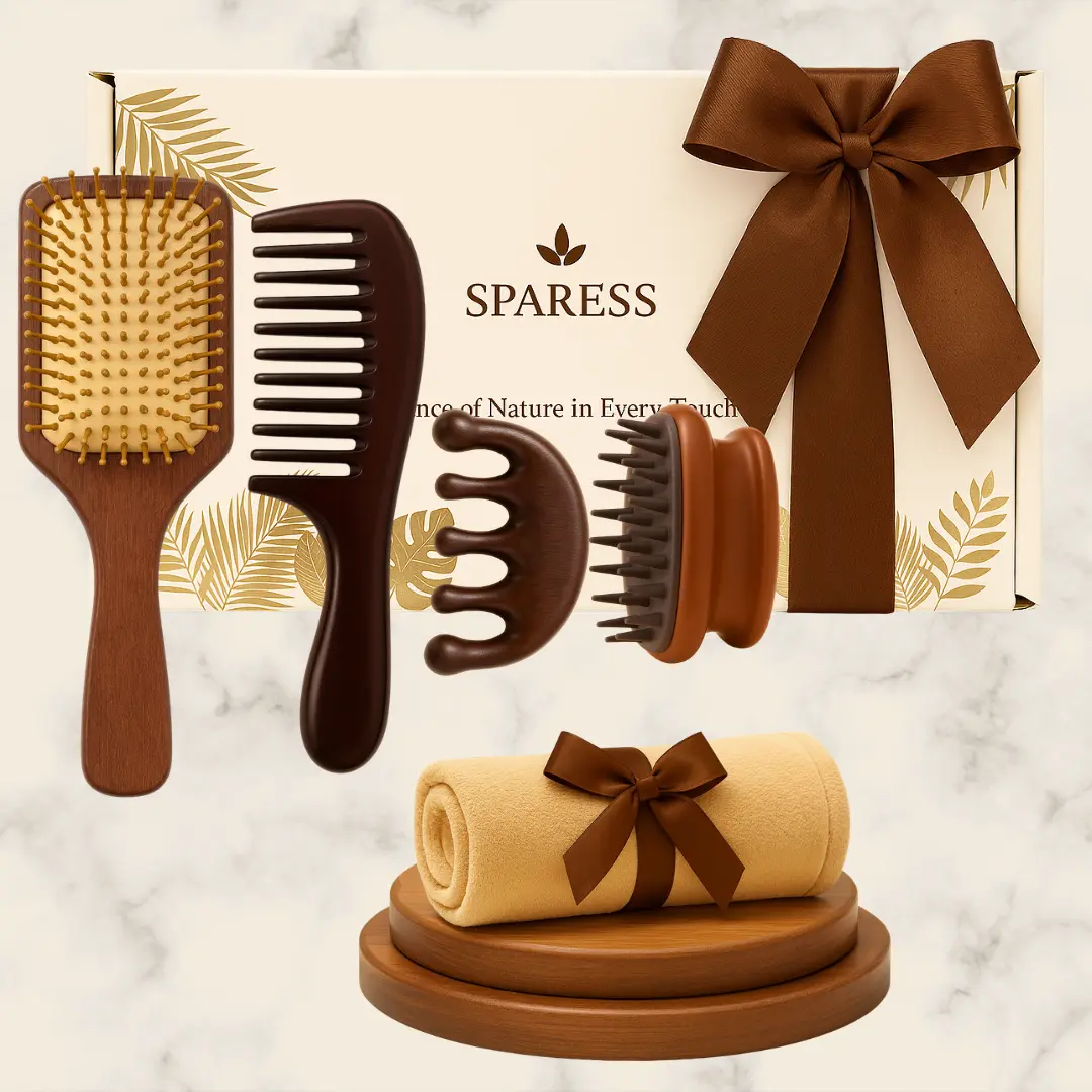 Eco-Friendly Natural Wooden Hair Brush And Comb Set for Women & Teens – Paddle Brush, Wide-Tooth Comb, Sandlewood Gua Sha Massager, Silicone Scalp Brush & Soft Hair Towel