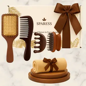Eco-Friendly Natural Wooden Hair Brush And Comb Set for Women & Teens – Paddle Brush, Wide-Tooth Comb, Sandlewood Gua Sha Massager, Silicone Scalp Brush & Soft Hair Towel