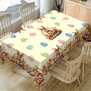 Rectangular Easter Tablecloth, Cartoon Rabbit & Egg Design, Spring/summer Floral Pattern, Perfect for Holiday/easter Decorations, Flower