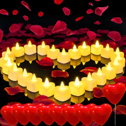 Romantic Night Decor Set for Her - 1000 Artificial Rose Petals, 30 Burgundy Heart Balloons, 24 Battery-Powered Heart Tea Lights, Easy Separate, Proposal Romance Valentine's Day Anniversary Gifts for Her