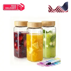 16oz Square Glass Juice Bottles with Lids, 3 Pack Reusable Juice Containers with Bamboo Lids