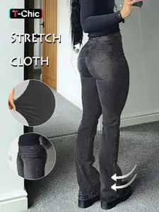 GILIPUR Y2K Bootcut Women Denim Jeans Solid Color High Slim Fit Waist Stretch Casual Versatile Back To School Streetwear 2000s Style Fashion Fall Clothes Outfits Vintage Clothes Going Out Outfits Christmas and Thanksgiving For New year T-Chic