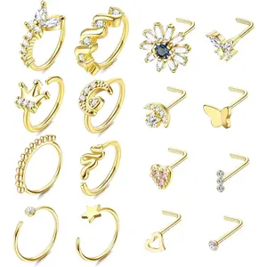 Jstyle 16PCS Nose Rings Stainless Steel Nose Studs for Women CZ 20G Nose Rings Hoops L Shaped Nose Stud Nose Ring Nose Piercing Jewelry Daily