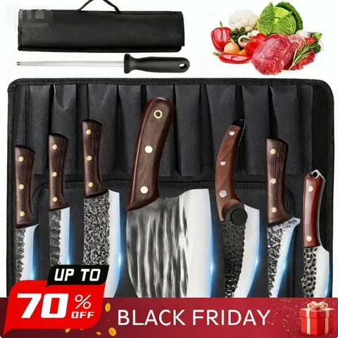 ToolUpgrade Professional Forged Kitchen Knife Set - High Carbon Stainless Steel Knives with Ergonomic Wood Handles, Japanese Damascus Blade Pattern, Copper-Nail Grip, Sharpening Accessory, Roll-Bag Carry, Ideal Gift Choice for Home Kitchen Use