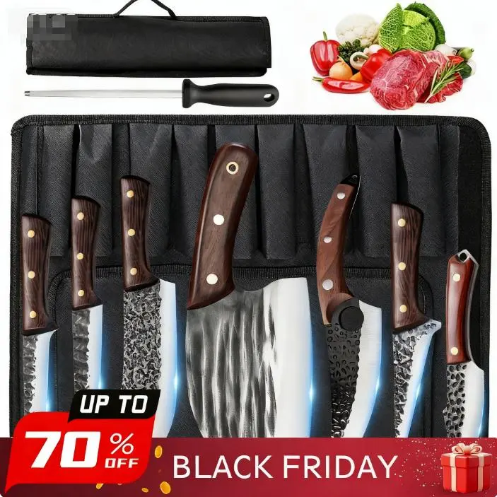 ToolUpgrade Professional Forged Kitchen Knife Set - High Carbon Stainless Steel Knives with Ergonomic Wood Handles, Japanese Damascus Blade Pattern, Copper-Nail Grip, Sharpening Accessory, Roll-Bag Carry, Ideal Gift Choice for Home Kitchen Use