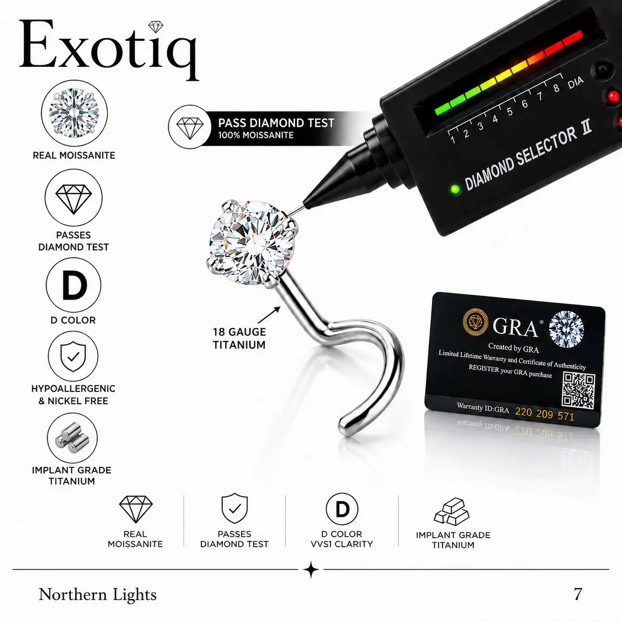 Moissanite Titanium Nose Stud Corkscrew shape 18 Gauge comes with GRA certificate of Authenticity,