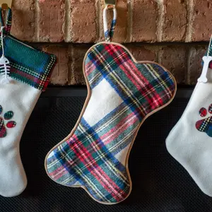 Faux Mohair Plaid Dog Bone Christmas Stocking