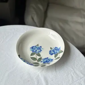 Handmade pottery plate with blue Hydrangea. Flower ceramic tableware. Birthday, wedding, festival gift.