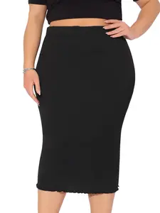 Agnes Orinda Plus Size Women's Elastic High Waist Textured Office Bodycon Midi Pencil Skirt Black