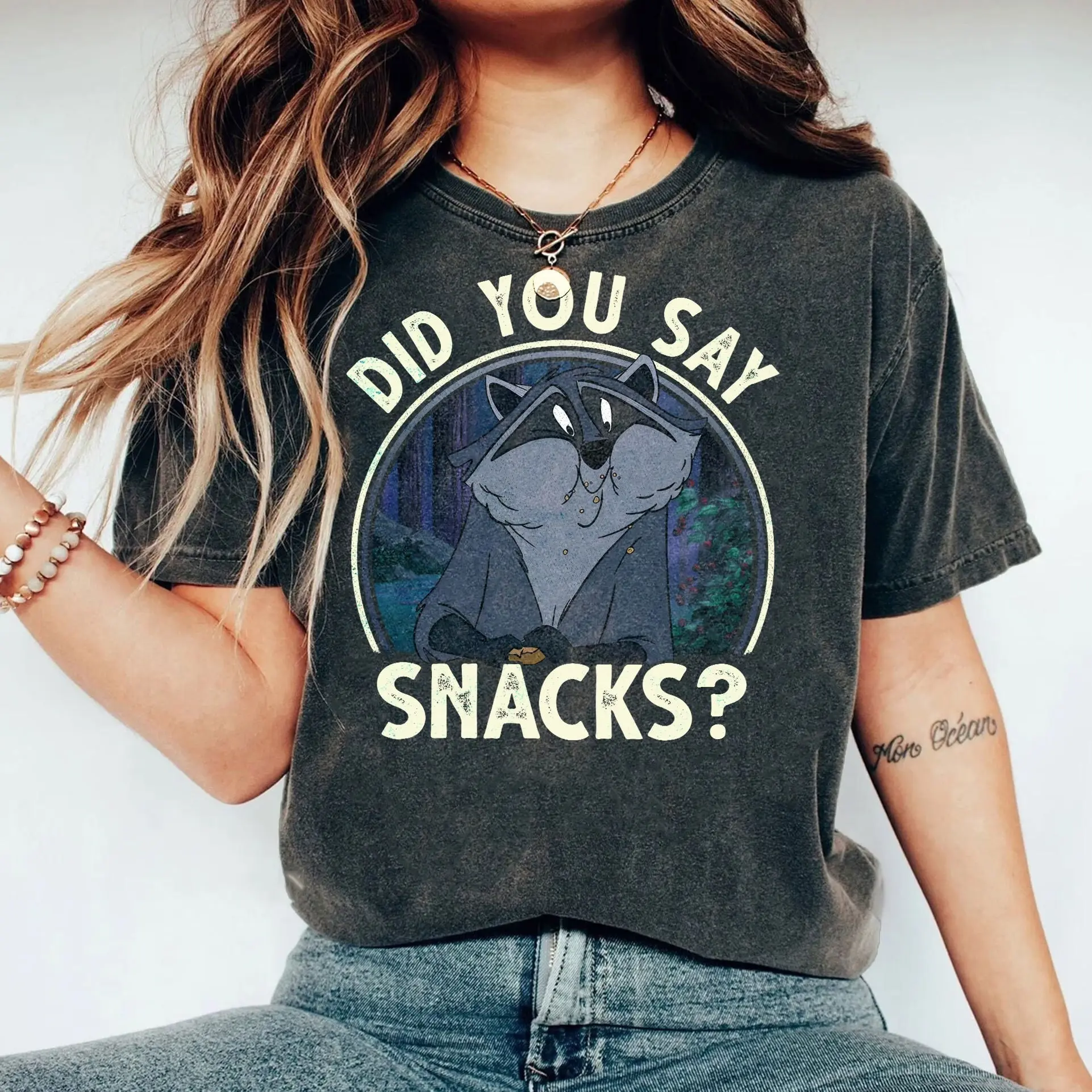 Retro Meeko Raccoon Did You Say Snacks Shirt, Pocahontas T-shirt, Magic Kingdom, WDW Birthday Gift Unisex Cotton Crewneck Shirt