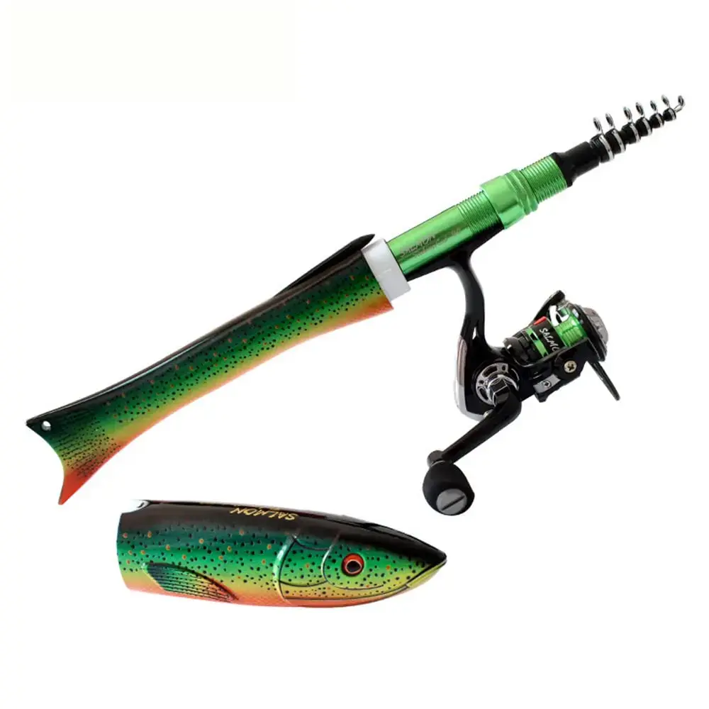 Fishing Rod 1.6M Fish-Shaped Portable Fishing Rod and Spinning Reel Combo Kit for Ice, Shore Fishing, Motorhome Space Saver Lightweight Travel Tackle Set with Compact Design, Smooth Casting Performance