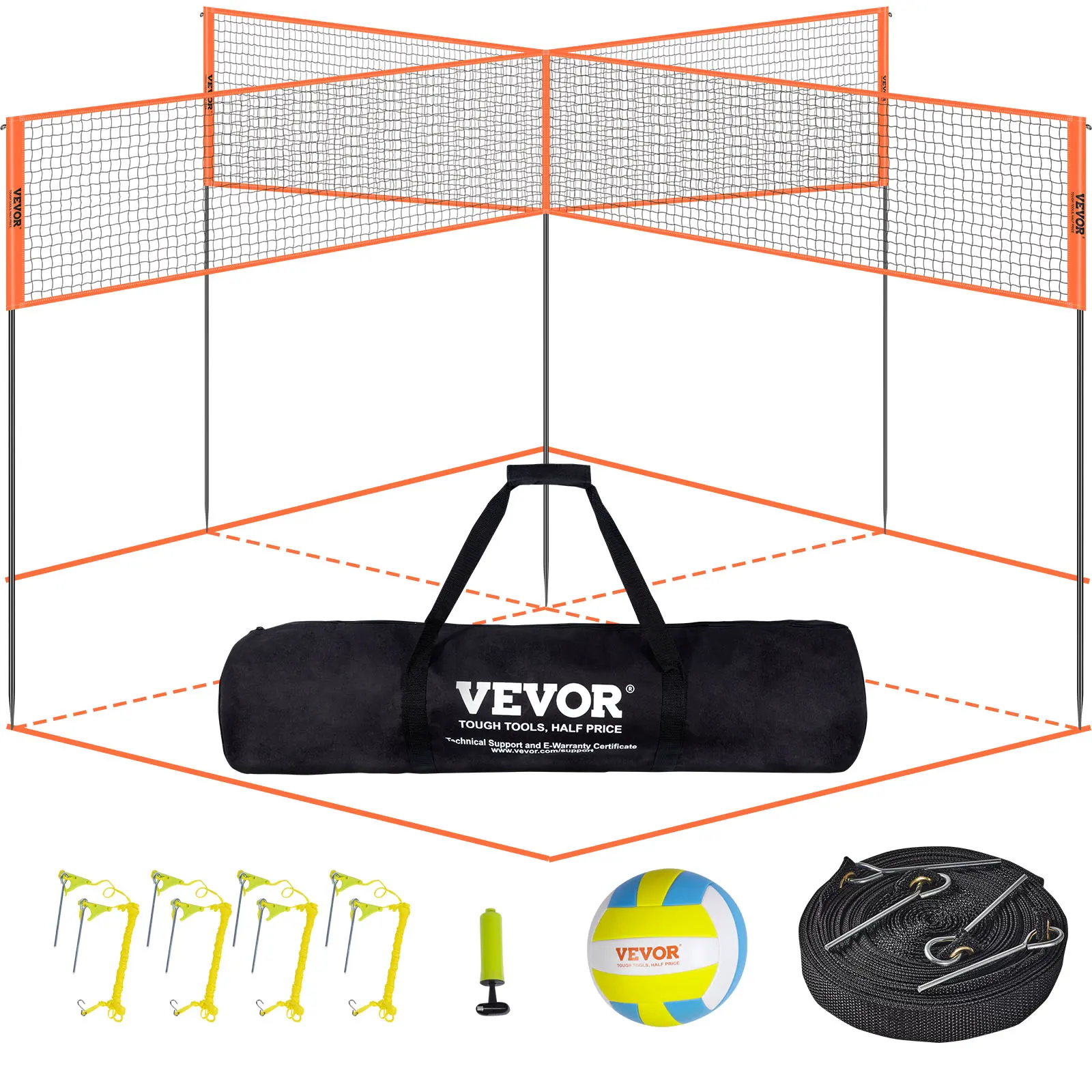 【summerfinds】VEVOR 4-Way Volleyball Net, Adjustable Height Badminton Net Set for Backyard Beach Lawn, Outdoor Portable Volleyball Net with Carrying Bag, 4 Square Quick Assemble Game Set For Kids And Adults