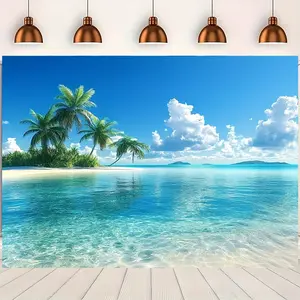 2D Flat Banner, 1pc Featuring a Tropical Beach Background with Palm Trees and Clear Blue Waters - Suitable for Indoor/outdoor Decoration, Holiday Parties, and Photo Props, Beach Accessories