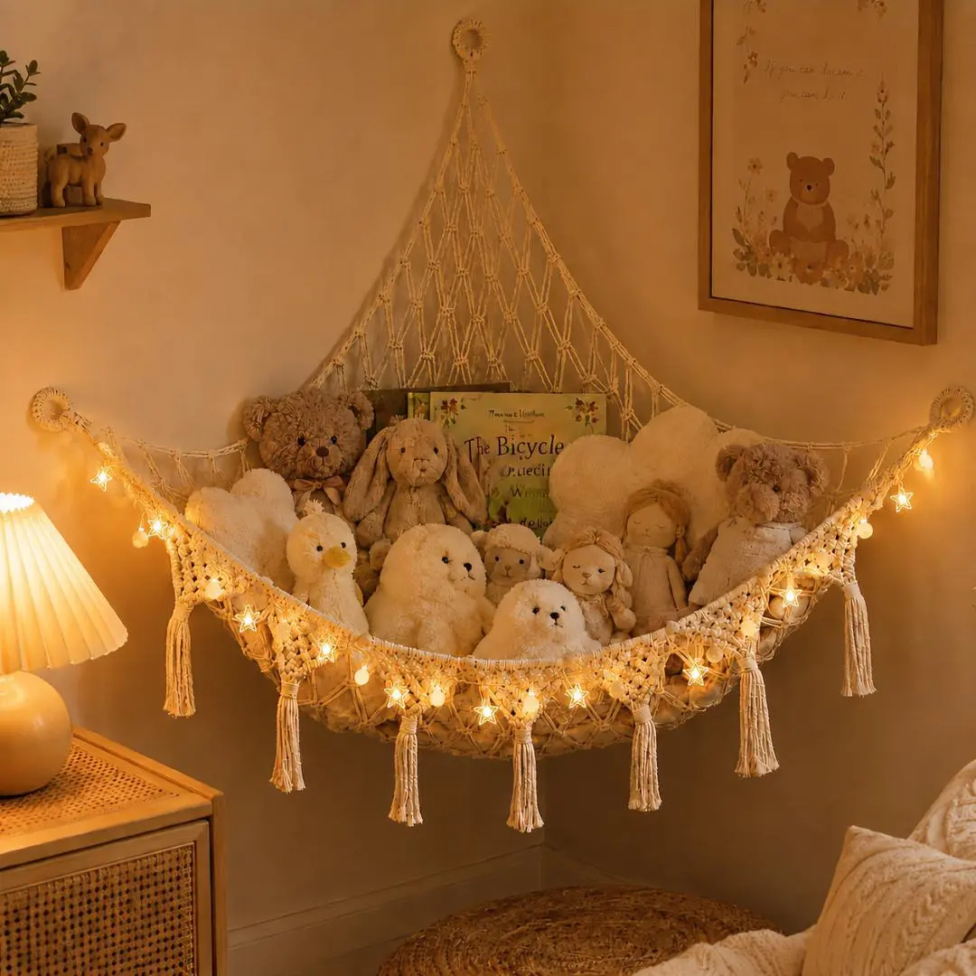 Stuffed Animal Hammock with Diamond-Shaped Wood Beads, Macrame Tassels & String Lights - Cotton Corner Hanging Plushie Storage Net, Wall-Mounted Toy Organizer for Nursery, Kids Bedroom & Playroom Decor