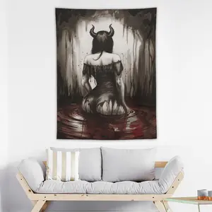 Gothic Demon Woman Tapestry - Lightweight Dark Occult Wall Decor Art with Fiery Red and Black Design, Home Supplies Tapestries