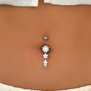 A Stylish Synthetic Zirconia Belly Button Piercing Stainless Steel Flower Pendant Navel Ring Belly Button Piercing Women's Body Jewelry