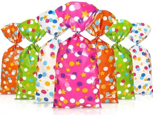 Cellophane Treat Bags 100 Pcs Polka Dots Goodie Star Party Favor Bags with 100 Twist Ties Rainbow Stars Theme for Birthday Pride Day Party Supplies Dot Style Unisex