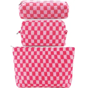 3Pcs Checkered Makeup Bag for Women Large Cosmetic Bag Set Travel Toiletry Bag Makeup Pouch Bag for Purse Pink Zipper Storage Bag Organizer Cute Small Aesthetic Girls Car Essentials Bag
